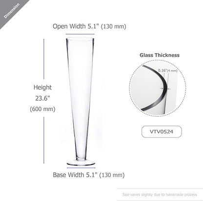 WGV Trumpet Glass Vase Bulk, Open 5", Height 23.5", (Multiple Sizes Choices) Clear Tall Pilsner Floral Planter Container Centerpiece, Wedding Event Home Decor, 6 Pieces (VTV0524)