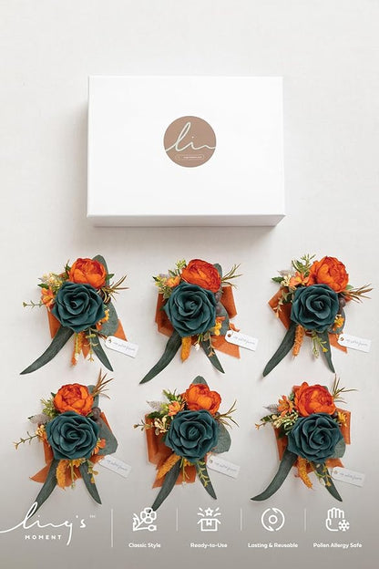 Ling's moment 6pcs Wedding Wrist Corsage Artificial Flowers, Girl/Mother Homecoming Prom Corsages Wristlet Décor, etc. Teal Orange Terracotta