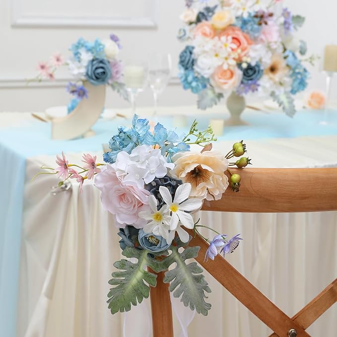 Artificial Flowers Combo for DIY Wedding Bouquets Combo Centerpieces Arrangements Party Bridal Baby Shower Home Decorations-Blue&White