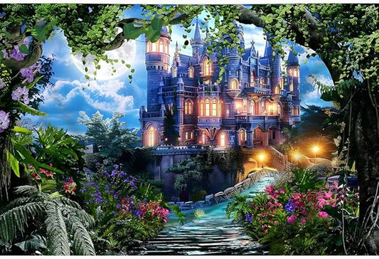 12x8ft Spring Fantasy Castle Palace Backdrop Vinyl Fairy Tale Prince Princess Flower Forest Wonderland Castle Photography Background Girl Home Decor Birthday Party Portrait Photo Props