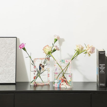 Book Vase, Acrylic Book Vase for Flowers, A Book About Flowers Vase, Book Shaped Vase, Book Flower Vase Clear, Modern Decorative Vase for Living Room, Bathroom, Office, Shelf, Set of 2