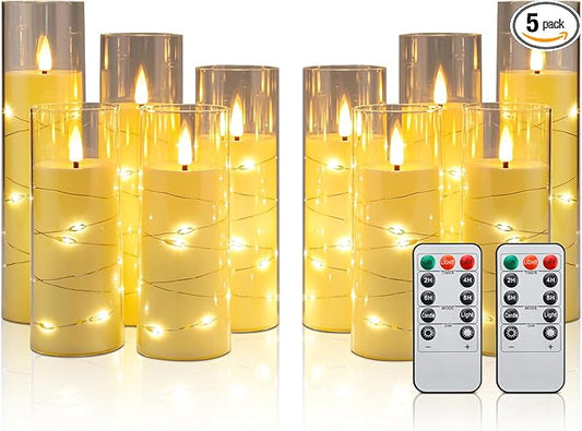 Enido 10 Pc Flameless LED Candles with Remote & Timer, Flickering with Embedded Star String for Cozy Home Decor Holiday Romantic Battery Operated Acrylic Pillar Set (Clear)