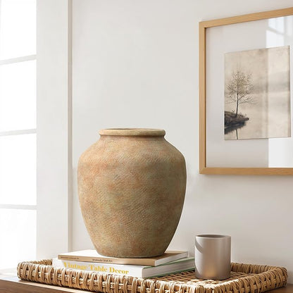 LuxenHome Rustic Ceramic Vase, 10.4" Tall Terracotta Vases with Earthy Brown Tones, Farmhouse Flower Vase for Shelf Living Room Decor, Vintage Pottery for Entry Way Table Home Decor