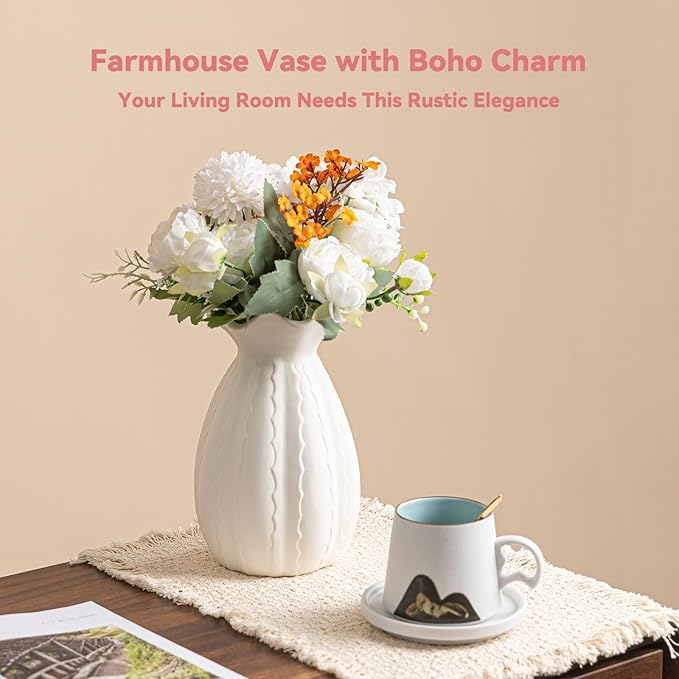 White Ceramic Vase with Ruffled Rim & Scalloped Texture - 8.5" Unique Flower Vase for Pampas Grass & Centerpieces, Decorative Boho/Farmhouse Vase for Living Room, Office Desk & Gift for Her/Yourself