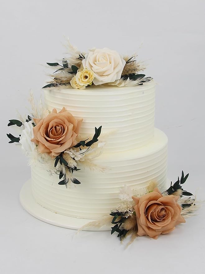 Rinlong 3Pcs Pre-made Boho Cake Toppers Pampas Cake Decorations Birthday Wedding Cake Decorating Flowers Baptism Decor for Women Girls