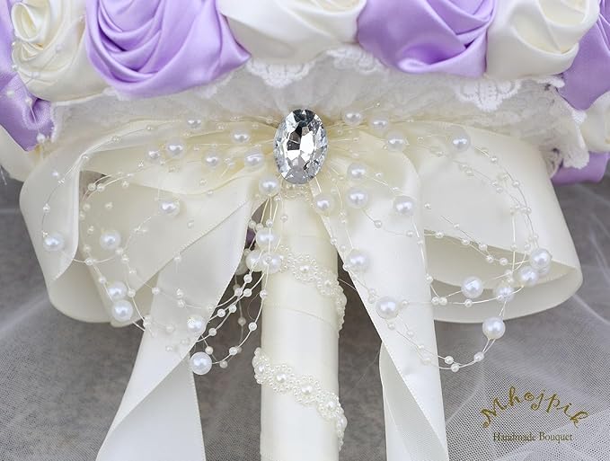 Bridal Wedding Bouquet Round Bling Brooch Bouquet Throw Toss Artificial Rose Flower Bunch for Bride Bridesmaid Wedding Quinceanera(Light Purple & Ivory, 9.8")