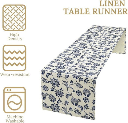 Boho Floral Table Runner, Navy Blue Paisley Flower Traditional Porcelain Vintage Decor Table Runner for Kitchen Dining Party, 13x108 Inch