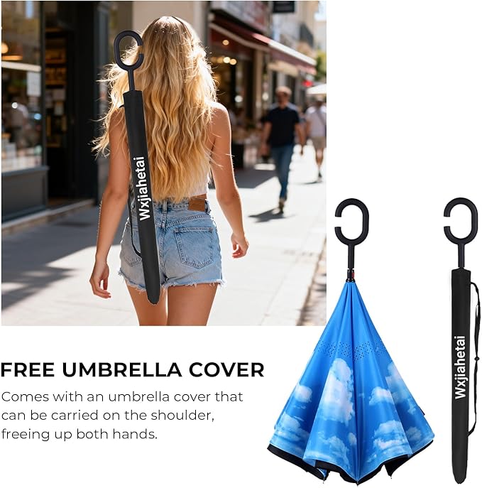 Inverted Umbrella, 49 Inch Double-Layer Vented Reverse Umbrella, Windproof Waterproof UV Protection, Lightweight C-Handle, Fiberglass Ribs, Steel Shaft, Travel/Commute/Car Use, With Sleeve