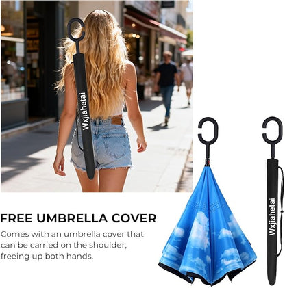 Inverted Umbrella, 49 Inch Double-Layer Vented Reverse Umbrella, Windproof Waterproof UV Protection, Lightweight C-Handle, Fiberglass Ribs, Steel Shaft, Travel/Commute/Car Use, With Sleeve