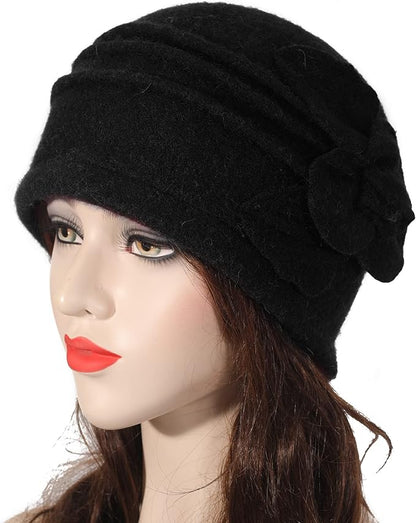 ZLYC Women Wool Cloche Bucket Hat 1920s Vintage Dress Winter Hats with Flower Accent