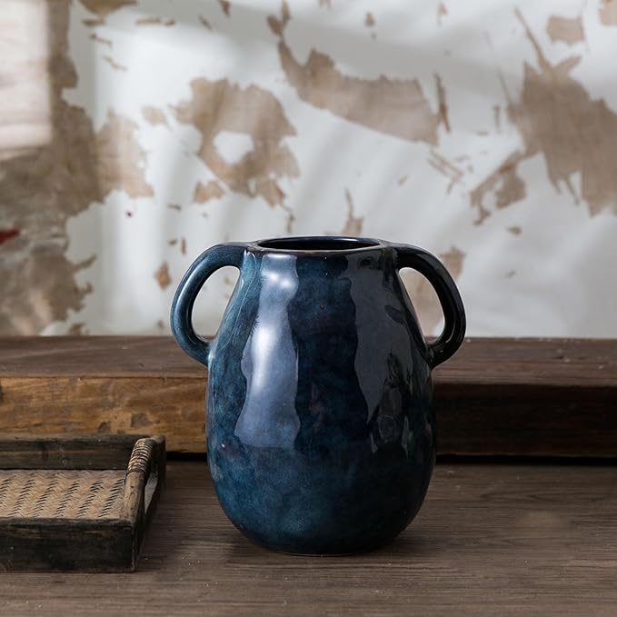 Blue Ceramic Vase with 2 Handles for Modern Farmhouse Home Decor, Vintage Rustic Decorative Vases, Small Vase for Fresh and Dried Flowers, Centerpiece Table Decorations, 7 Inch