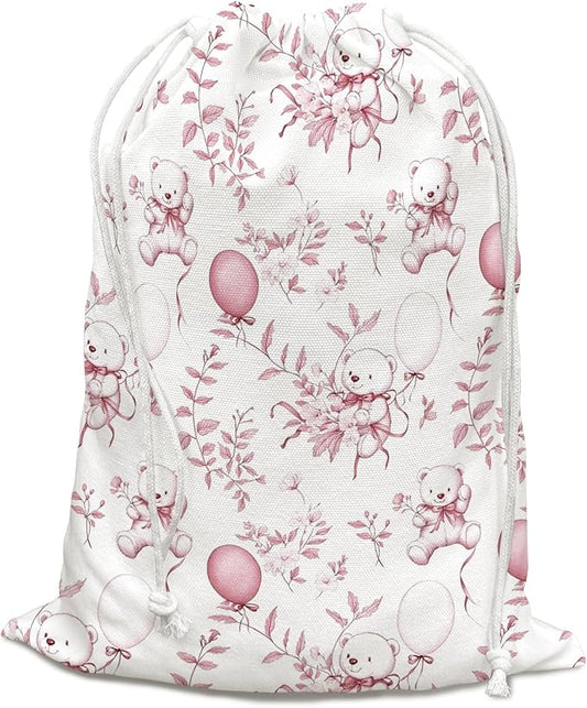 DSHFG Light Pink Bear Birthday Drawstring Gift Wrap Bags, Chinoiserie Animals Baby Shower Drawstring Gift Bags Canvas, Cute Bear Pink and White Small Happy Birthday Bag, 10x13 Inch