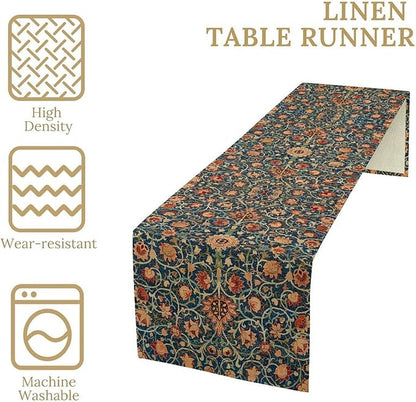 William Morris Table Runner, Boho Rustic Ethnic Flower Original Design Print Table Runner for Home Party Dining Room Kitchen Decor 13x36 Inch