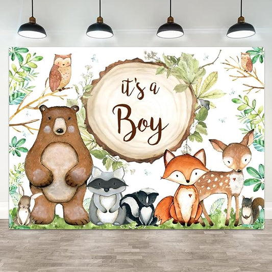 15x8ft Woodland Baby Shower Backdrop It's a Boy Photography Background Jungle Green Grass Leaves Animals Bear Fox Deer Baby Boys Party Banner Decorations Newborn Portrait Photo Booth Prop