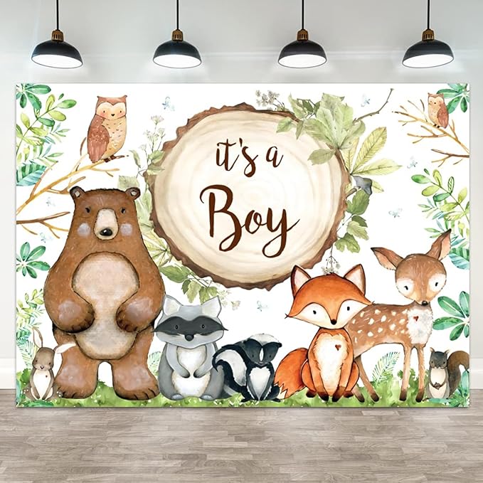 15x10ft Woodland Baby Shower Backdrop It's a Boy Photography Background Jungle Green Grass Leaves Animals Bear Fox Deer Baby Boys Party Banner Decorations Newborn Portrait Photo Booth Prop