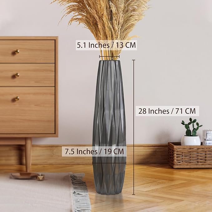 Silvery Ceramic Tall Floor Vase,28 Inch Large Modern Flower Vases for Home Décor,Wicker Big Floor Vases Decorations for Farmhouse, Living Room,Bedroom,Standing Plastic Vase Decorative Tall