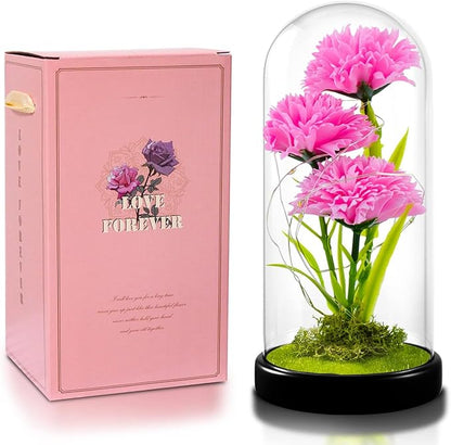 QUELIEN Christmas Carnation Flowers Gifts for Mom,Pink Artificial Carnation in Glass Dome with Led Light for Mother's Day,Birthday,Christmas (Pink)