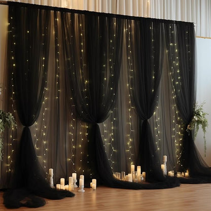 20×10ft Black Tulle Backdrop Curtain with Lights String for Parties, Sheer Photo Backdrop Curtains for Wedding Party Photography Background