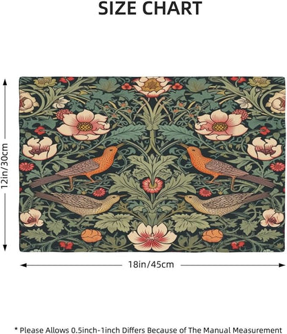 William Morris Placemats, Vintage Rustic Natural Green Plant Flower Strawberry Birdie Print Washable Fabric Placemats Table Kitchen Dining Party 12x18 Inch Set of 4