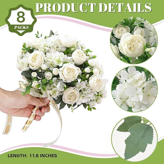 ASTRYAS 8Pcs White Peonies Artificial Flowers Mixed Hydrangea Faux Silk Peony Flowers Fake Floral Arrangement for Centerpiece Table Wedding Party Home Decor Baby Showers