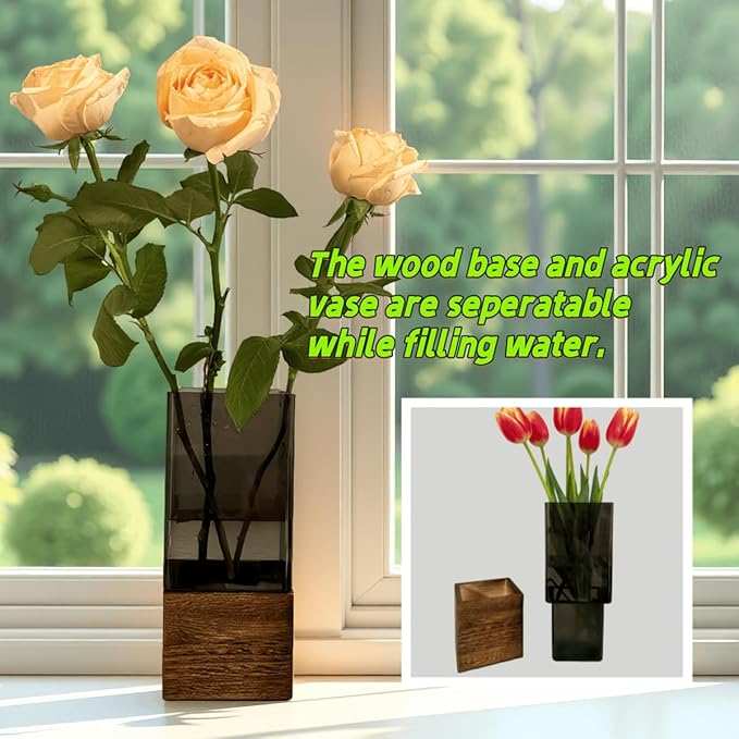 Shatterproof Acrylic Flower Vase with Wood Base–10”H*3.9''W Modern Table Centerpiece for Home Office Decor, Holds Fresh/Dried Stems, Lightweight&Stable, Present for Housewarming Christmas(Rectangular)