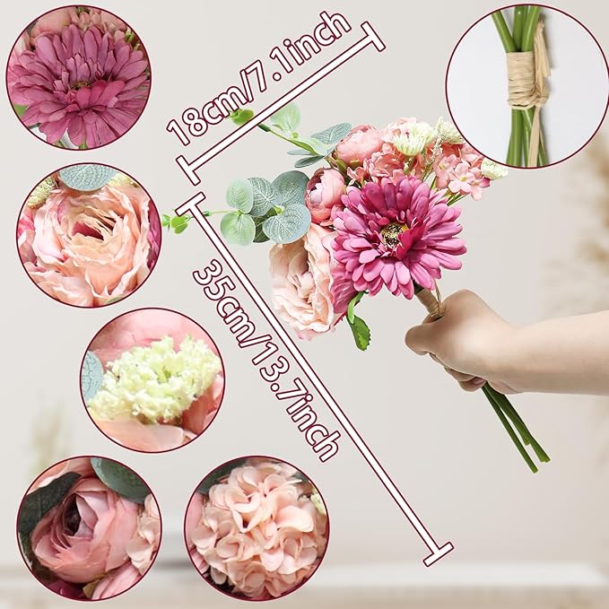 Zerzsy Artificial Flowers Bouquets, Mixed Pink Artificial Peonies, Fake Flower Bride Holding Flowers Faux Floral for Home Wedding Spring Decor