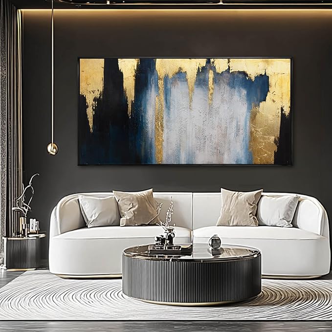 WINKAILIN Abstract Blue and Gold Wall Art with Black Frame Modern 24x48 Canvas Painting Large Artwork for Living Room Bedroom Office Home Decoration