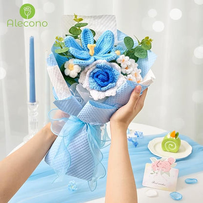 Alecono Crochet Flower Bouquet, Knitted Flowers, Blue Handmade Bouquet of Flowers for Lover Anniversary Birthday Party Mother's Day Graduation Gifts (Include Card)