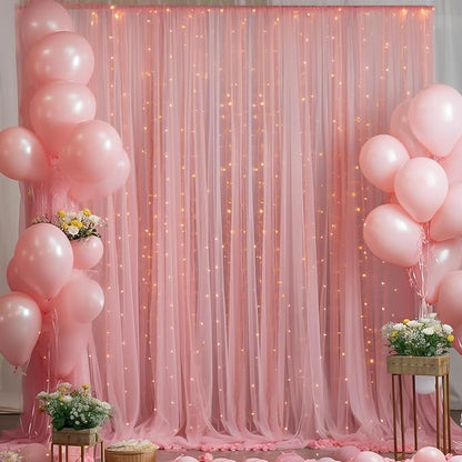 10x8ft Dusty Rose Tulle Backdrop Curtain with Lights String for Parites, Sheer Backdrop Curtains for Wedding Baby Shower Birthday Party Photo Shoot Decorations