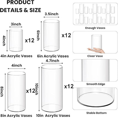 48 Pack Plastic Cylinder Vases, 4 6 8 10 Inch Tall Acrylic Cylinder Clear Flower Vase Set Bulk Glass Like Large Round Plastic Vases for Centerpiece Wedding Home Office