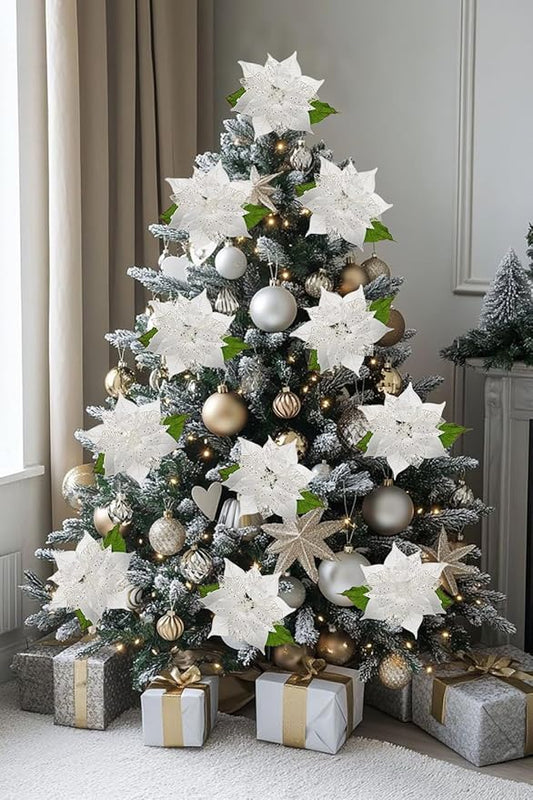 10" Poinsettia Flower Artificial for Christmas Tree Decor, 3 Pcs Faux Glitter Poinsettias Stems for DIY Xmas Wreath & Garland, Christmas Ornaments for Home Party, Holiday & Wedding Decorations, White