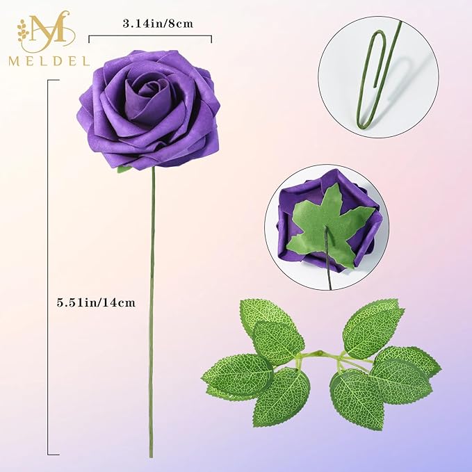 Meldel Artificial Flowers 50pcs Real Looking Purple Lilac Foam Fake Roses with Stems for DIY Wedding Bouquets Bridal Shower Centerpieces Floral Arrangements Home Decorations