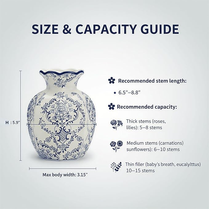 5.9-Inch Blue & White Rustic Vintage Ceramic Vase, Aesthetic Farmhouse Pottery Decor for Living Room, Dining Room, Bookshelf & Office