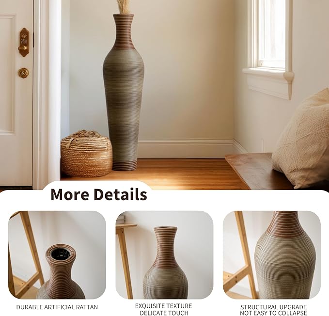 39-Inch Tall Vintage Floor Vase - Premium PVC Rattan Weave, Large Brown Standing Vase, Flower Holder for Home Decor (Light Brown)