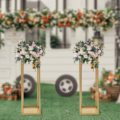 2PC 23.6" Flower Stand for Wedding Metal Cylinder Stands for Party Rectangular Gold Centerpieces Flower Vase Gold Pedestal Columns for Weddings Indoor Outdoor Flower Plant Stand Decoration