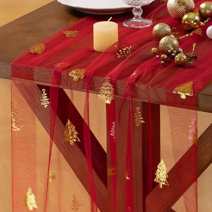 Socomi Christmas Tree Table Runner Gold Gauze Sheer Chiffon Cheesecloth Sequin 10FT Glitter Metallic Foil Dining Wedding Birthday Party Winter Holiday Centerpiece Table Decor Red