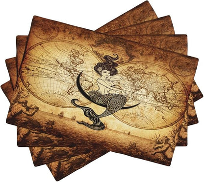 Vintage Mermaid Map Placemats, Old 70s Nautical Pirate World Map Print Washable Fabric Placemats Table Kitchen Dining Party 12x18 Inch Set of 4