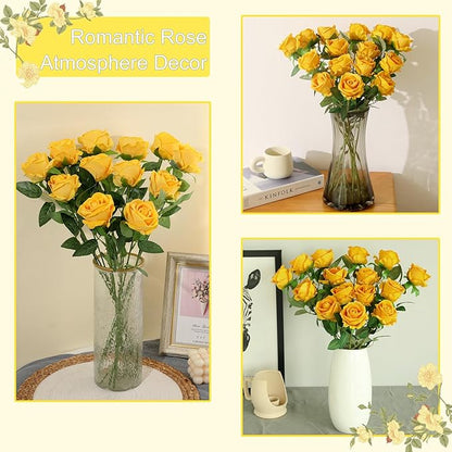 15Pcs Pearl Yellow Roses Artificial Flowers Fake Roses Long Stem Velet Rose Silk Flowers for Home Wedding Decoration (Pearl Rose,Yellow)