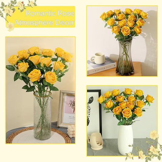 15Pcs Pearl Yellow Roses Artificial Flowers Fake Roses Long Stem Velet Rose Silk Flowers for Home Wedding Decoration (Pearl Rose,Yellow)