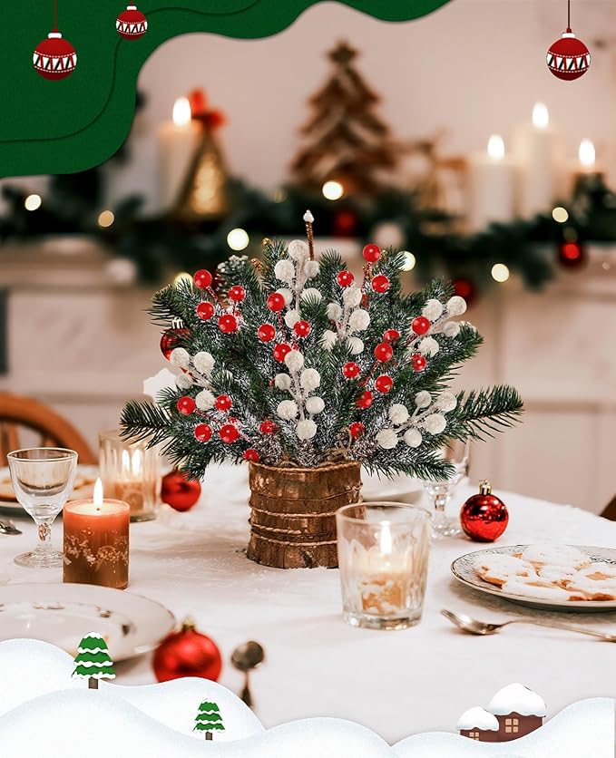 20 Pack 8inch Artificial Christmas Floral Picks, Red and White Fake Berry Picks Stems, Pine Branches Pick, Faux Floral Pick with Pinecones Holly Leaves for Vase Floral Arrangement Wreath Decor Crafts