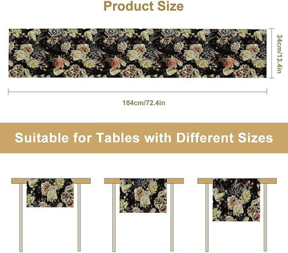Vintage Flowers Table Runner,Black Rose Peony Gothic Floral Spring Summer Seasonal Table Runner for Home Kitchen Table Dining Indoor Outdoor Party Decor 13x36 Inch
