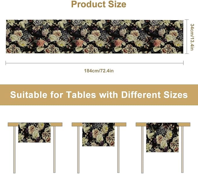Vintage Flowers Table Runner,Black Rose Peony Gothic Floral Spring Summer Seasonal Table Runner for Home Kitchen Table Dining Indoor Outdoor Party Decor 13x108 Inch