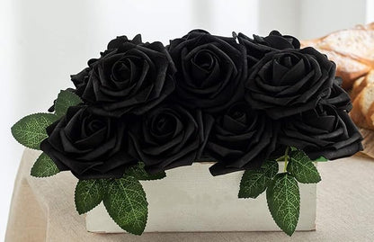 Artificial Flower Black Rose 25pcs Real Fake Rose with Stems Leaves for Home Decoration Party Garden Centerpieces DIY Wedding Bouquets（Black）