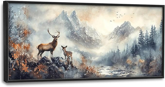 Deer Wall Art Large Wildlife Nature Mountain Landscape Pictures Wall Decor Rustic Cabin Fall Forest Canvas Prints Nordic Painting Framed Artwork Decoration for Bedroom Living Room Office 60"x30"