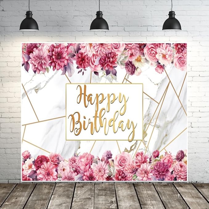 10x8ft Pink Floral Birthday Backdrop Girl Birthday Party Photography Background Watercolor Flower Marble Princess Women Bday Decorations Banner Cake Smash Photo Studio Props