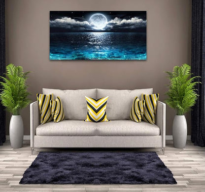 Wall Art Moon Sea Ocean Landscape Picture Canvas Wall Art Print Paintings Modern Artwork for Living Room Wall Decor and Home Décor Framed Ready to Hang,24x48inches,1inch Thick Frame,Waterproof Artwork