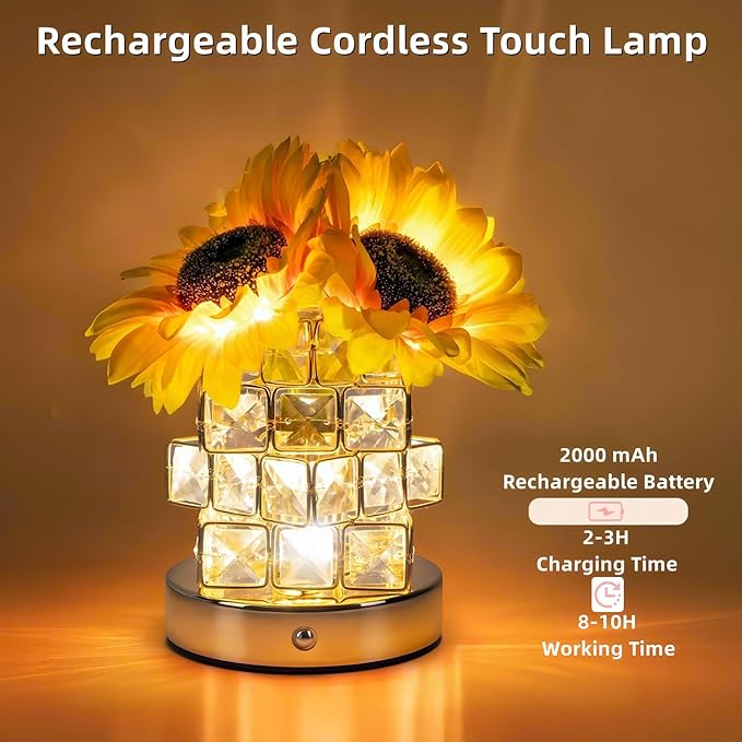 Sunflowers Flower Lamp,Rechargeable Cordless Touch Table Lamp for Bedroom,3-Colour Dimming Small Night Light,Crystal Bedside Lamps with USB Charge,Birthday Christmas Gifts for Women,Mom (Sunflowers)