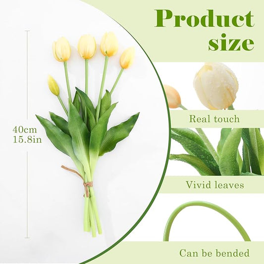 15PCS Artificial Tulips Real Touch Autumu White Faux Latex Flowers Lifelike Fake Tulip Bouquet Flowers Arrangements for Wedding Home Kitchen Garden Table Party Decoration