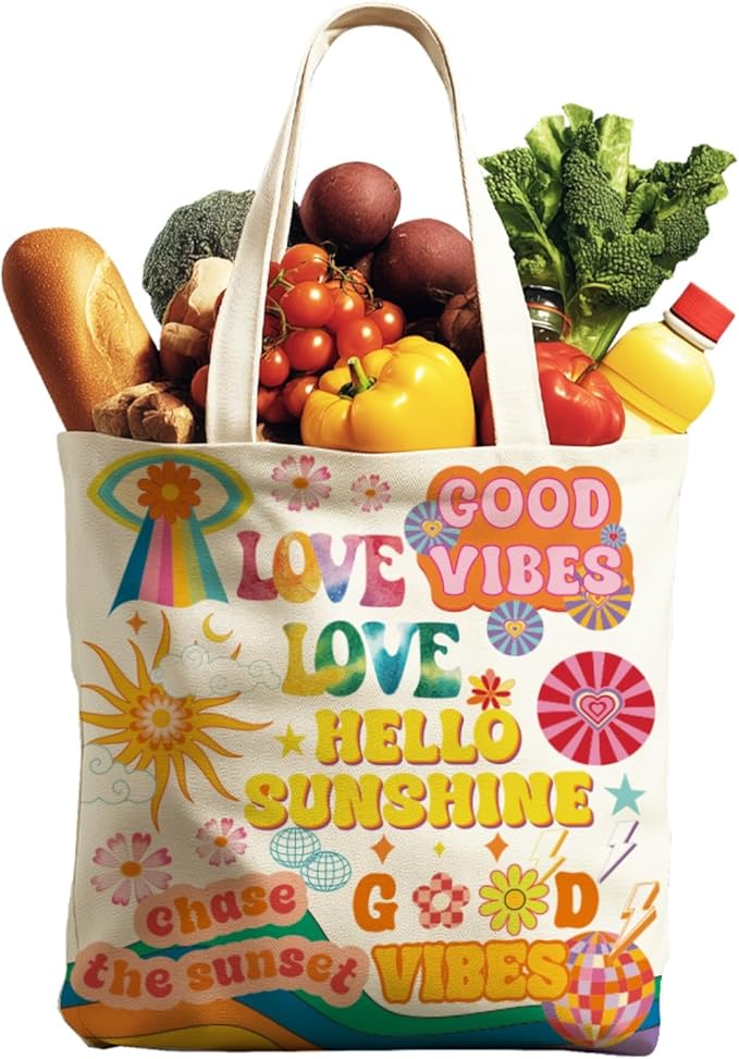ANATTASOUL Canvas Tote Bag Boho Elements Reusable Cotton Bag for Women, Durable Cloth Shoulder Bags with Zipper Pockets for Shopping, Vacation, Work, Gym