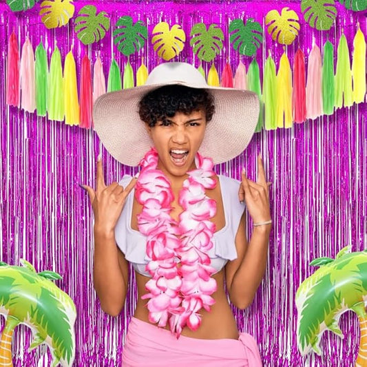 BRAVESHINE Hot Pink Tinsel Foil Fringe Curtains - 2Pcs 3.2x8.2ft Metallic Party Streamers Backdrop for Christmas Girl Birthdays Bridal Shower Bachelorette Engagement Hawaiian Luau Party Decorations